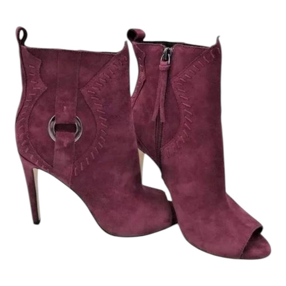Rebecca Minkoff Peep Toe Suede Ankle Boots Burgundy Heel Zip Side Booties 7.5